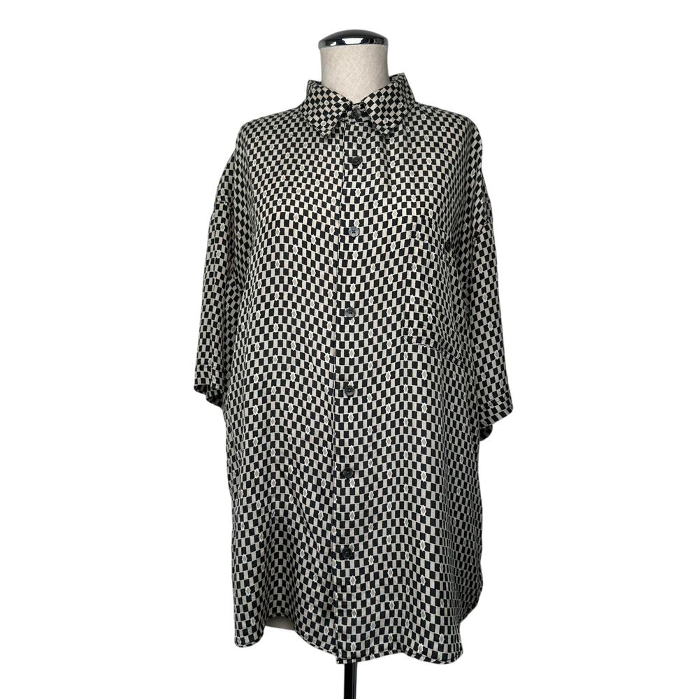 Summa Silk Geometric Button Down Short Sleeve Shirt Vintage 90s Black Tan Size L